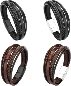 Mens Bracelet, 4pcs Cowhide Braided Leather Bracelet with Stainless Steel Clasp & Jewellery Box, Layered Splicing Bangle Cuff Bracelets for Men Dad Husband Brother in Black & Brown