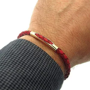 Mens Bracelet - Red Leather Braided Bracelet - Gold Tube Bracelet - Mens Jewelry - Gifts for Guys- 100% Genuine Leather - Handmade Bracelet for men
