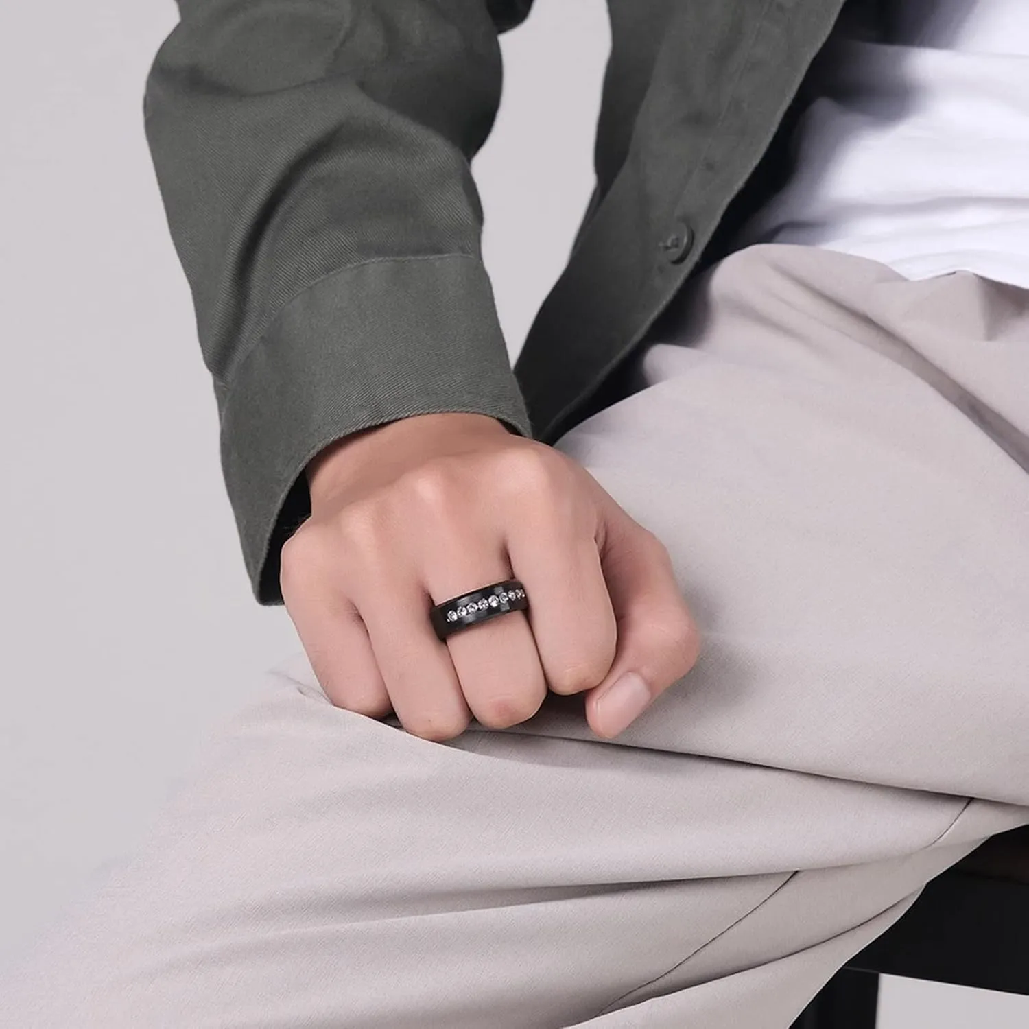 Men's Engagement Rings, Men Stainless Steel Rings 8mm Black Ring with Zirconia Proposal Couple Ring