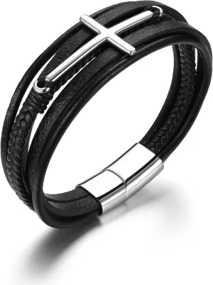 Men's Faith Bracelet Cross Leather Bracelet for Men Stainless Steel Closure Religious Cross Multi-Layer Braided Bracelet Leather Bangle Wristband 8.7 Inch
