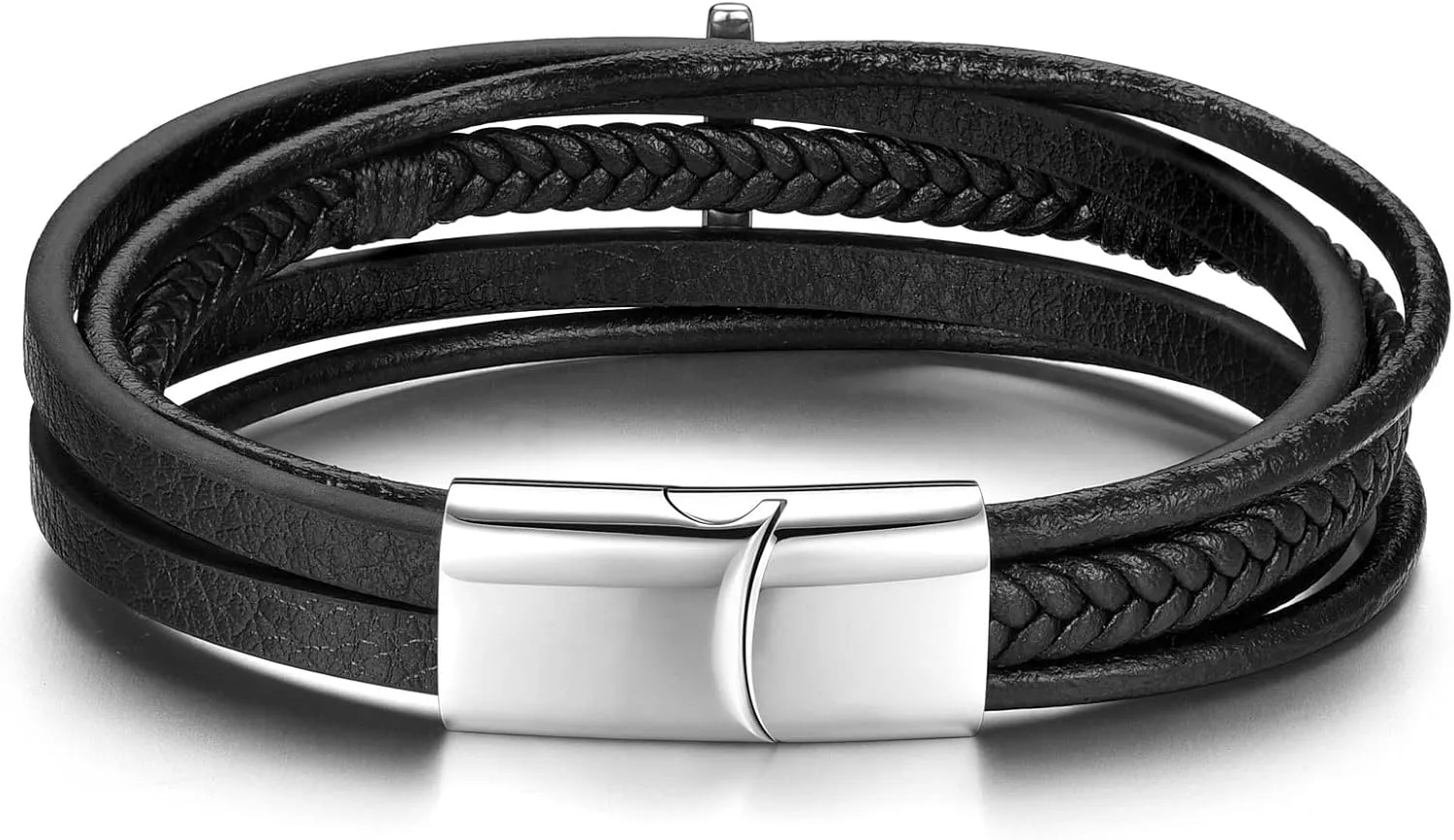 Men's Faith Bracelet Cross Leather Bracelet for Men Stainless Steel Closure Religious Cross Multi-Layer Braided Bracelet Leather Bangle Wristband 8.7 Inch