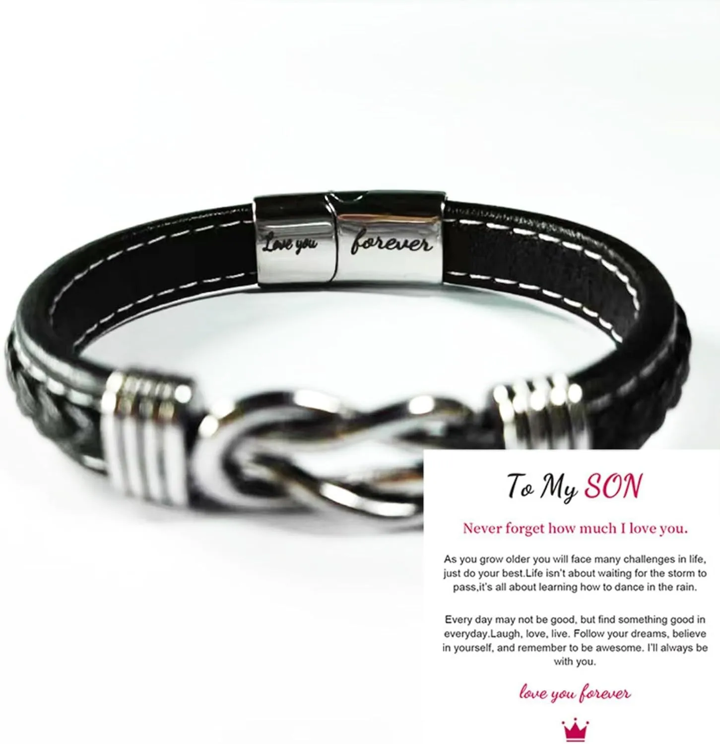 Mens Leather Bracelet 2025 Braided Leather Wristband Cuff Bracelets Stainless Steel Clasp,Jewellery Gift for MenLov You Forever Leather Bracelet   to My Son Card