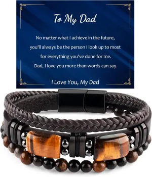 Mens Leather Tiger Eye Bracelet Natural Crystal Stone Beads Jewelry Triple Protection Bracelet for Father's Day Valentine'S Day Birthday Christmas Gift
