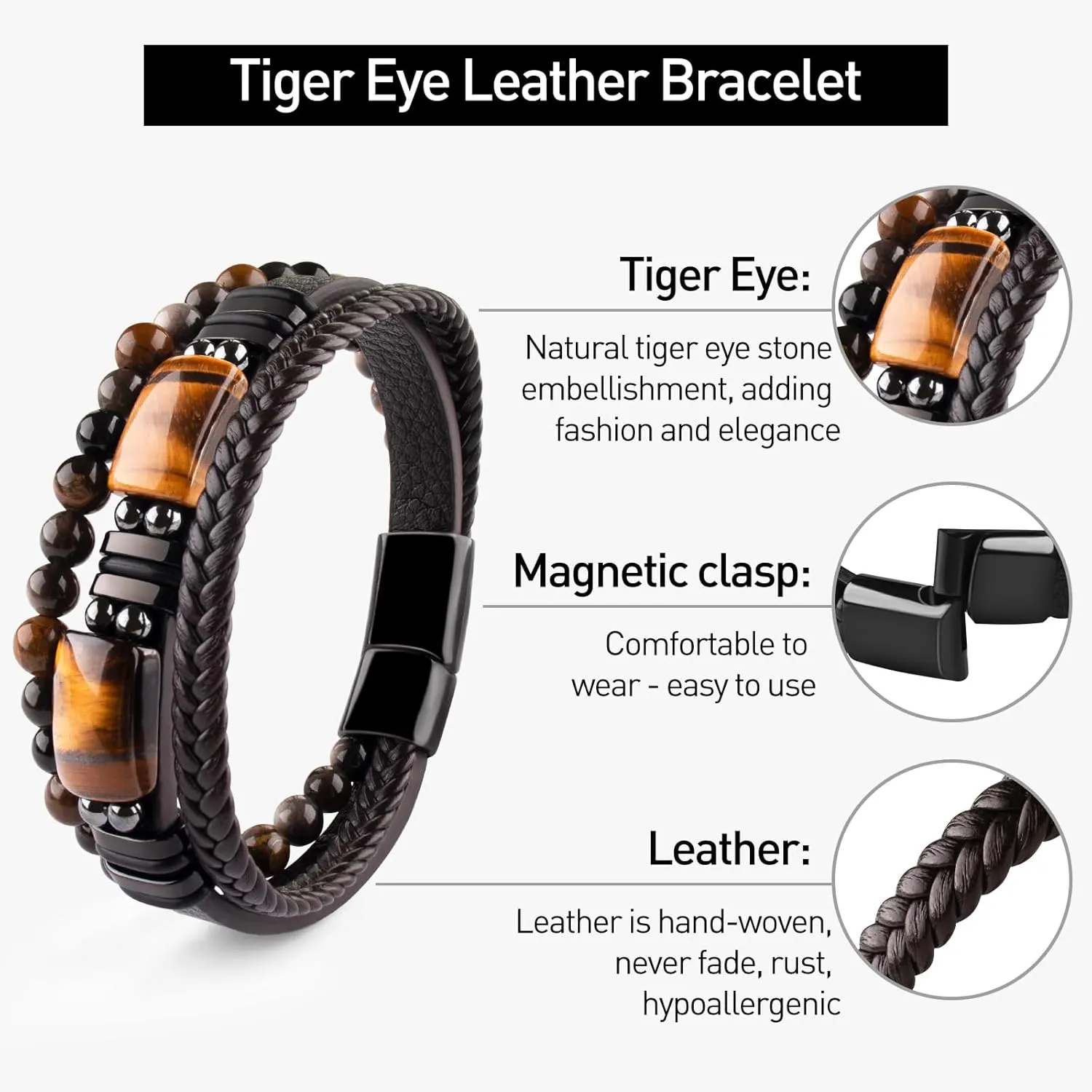 Mens Leather Tiger Eye Bracelet Natural Crystal Stone Beads Jewelry Triple Protection Bracelet for Father's Day Valentine'S Day Birthday Christmas Gift