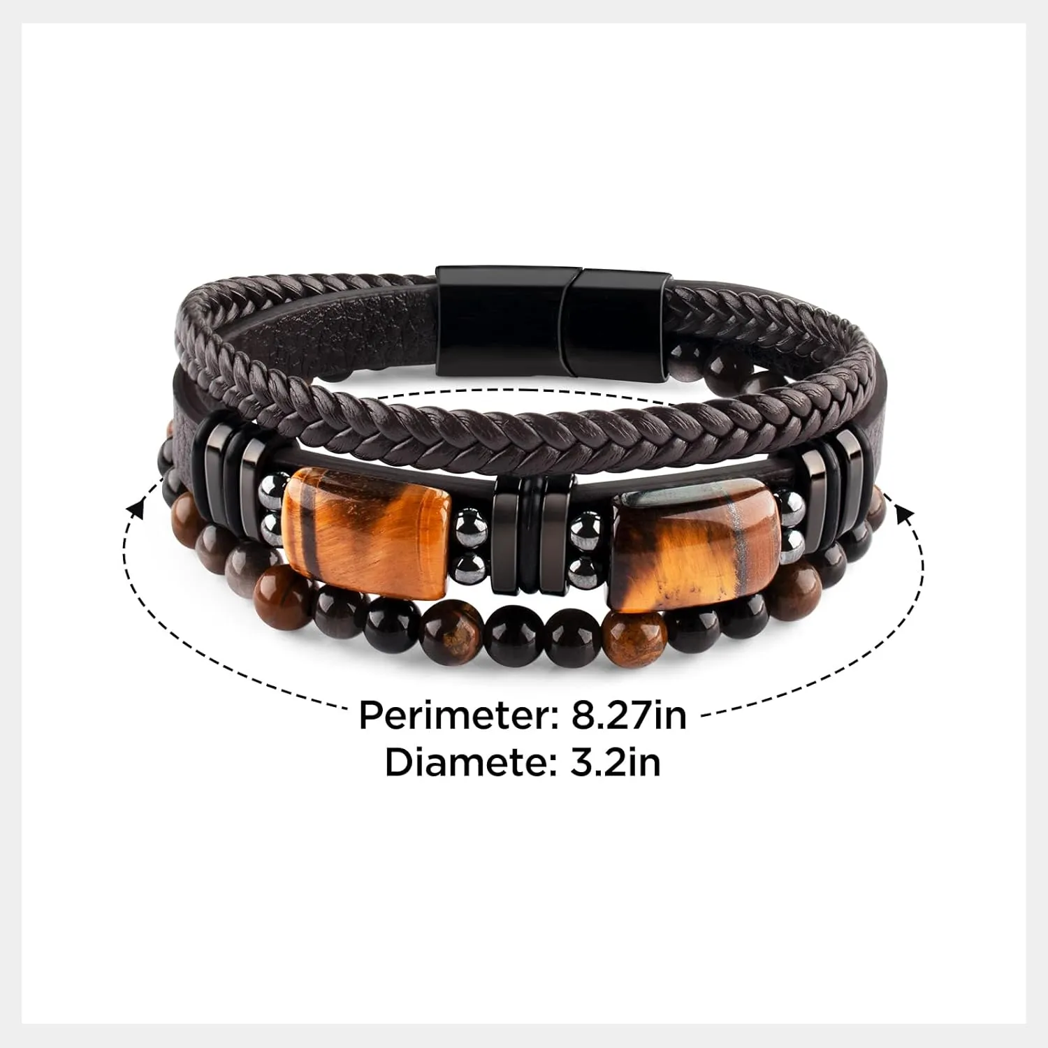Mens Leather Tiger Eye Bracelet Natural Crystal Stone Beads Jewelry Triple Protection Bracelet for Father's Day Valentine'S Day Birthday Christmas Gift