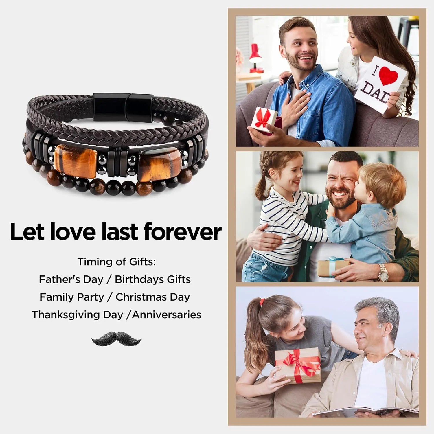 Mens Leather Tiger Eye Bracelet Natural Crystal Stone Beads Jewelry Triple Protection Bracelet for Father's Day Valentine'S Day Birthday Christmas Gift