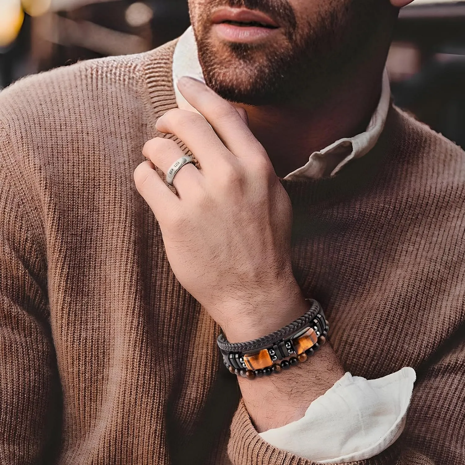 Mens Leather Tiger Eye Bracelet Natural Crystal Stone Beads Jewelry Triple Protection Bracelet for Father's Day Valentine'S Day Birthday Christmas Gift