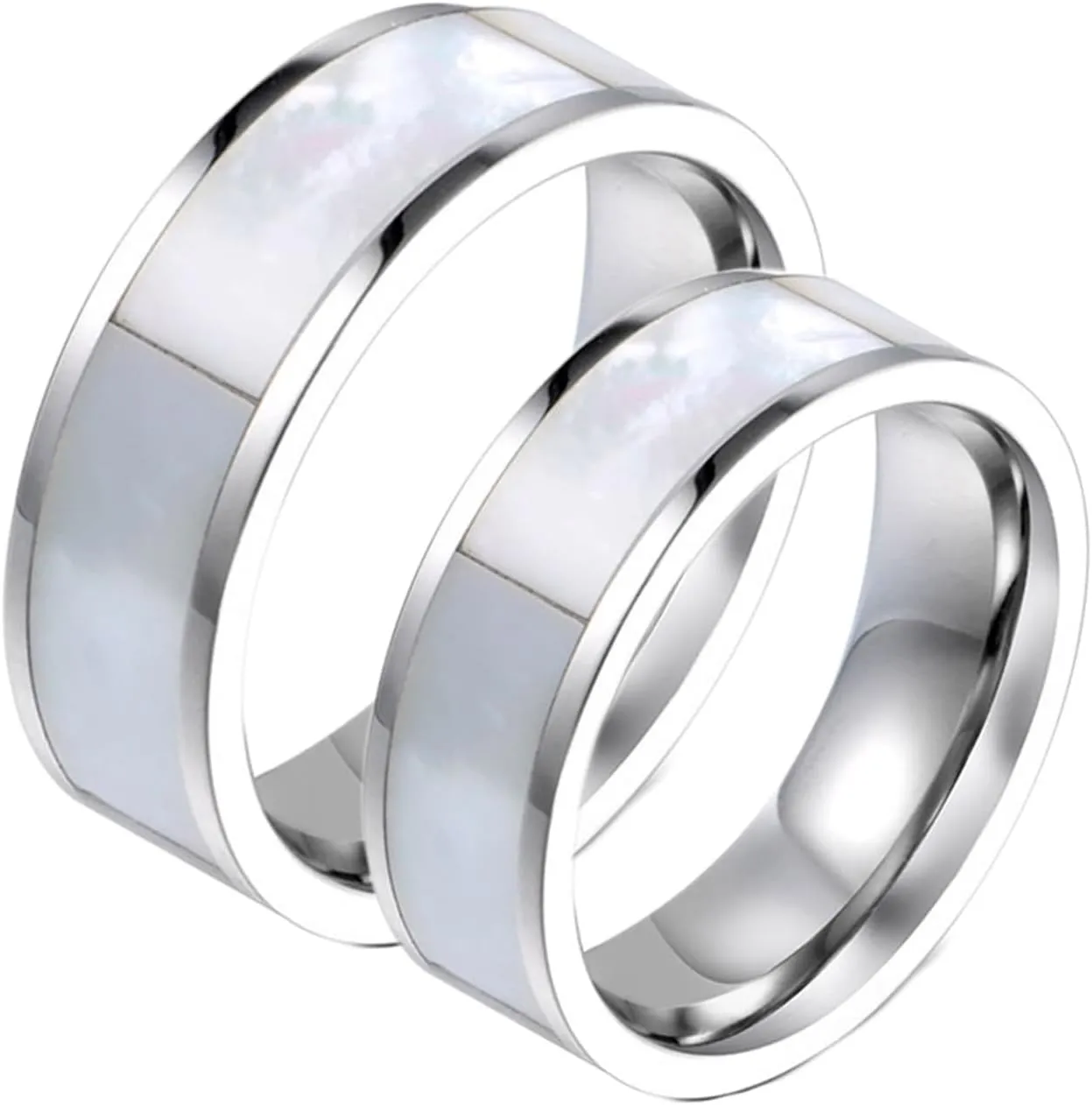 Men's Promise Rings, Mens Wedding Band Titanium 2PCS Stainless Steel Silver Ring Inlay Pearl Mother Sz Women 6 Men 7 for Couple Mother's Day Jewelry