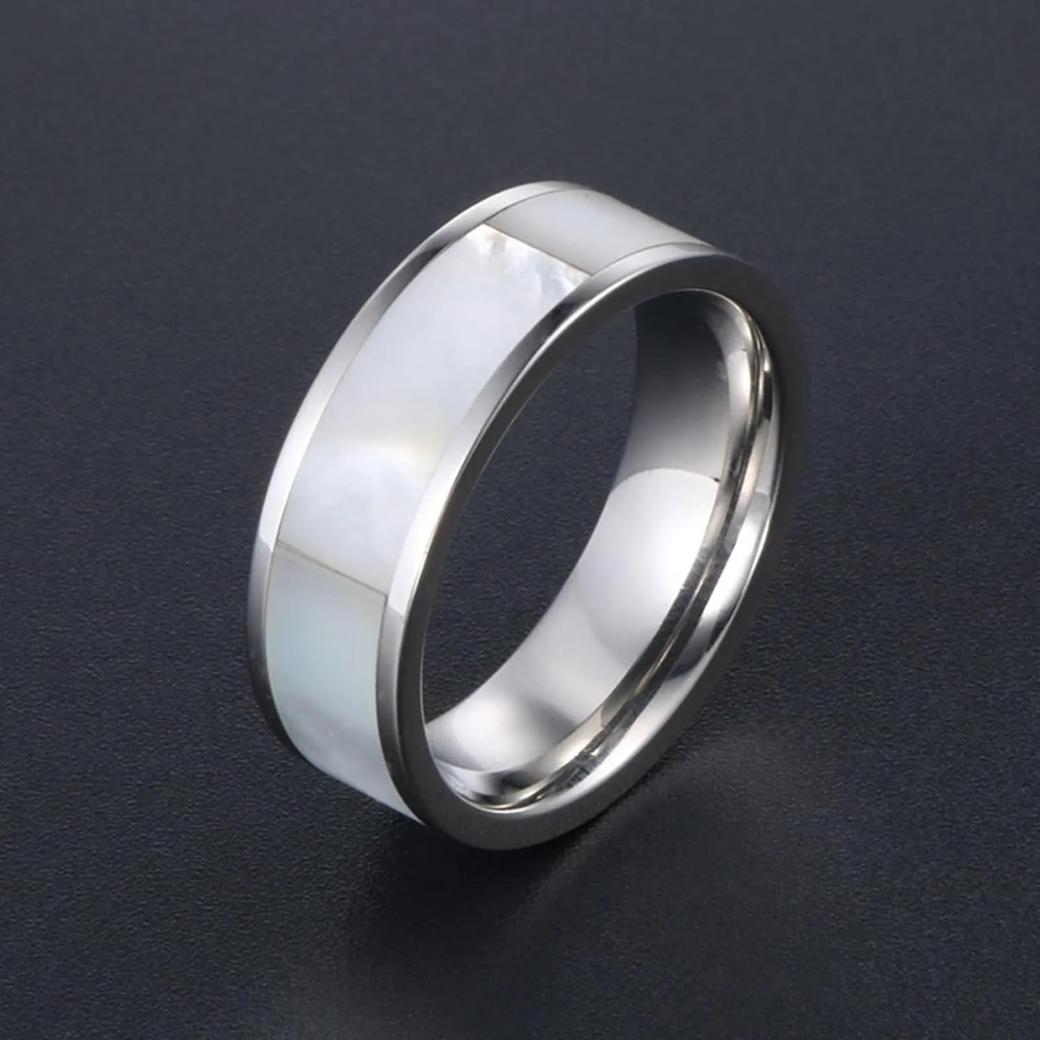 Men's Promise Rings, Mens Wedding Band Titanium 2PCS Stainless Steel Silver Ring Inlay Pearl Mother Sz Women 6 Men 7 for Couple Mother's Day Jewelry
