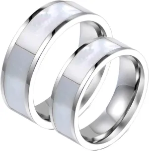 Men's Promise Rings, Mens Wedding Band Titanium 2PCS Stainless Steel Silver Ring Inlay Pearl Mother Sz Women 6 Men 7 for Couple Mother's Day Jewelry