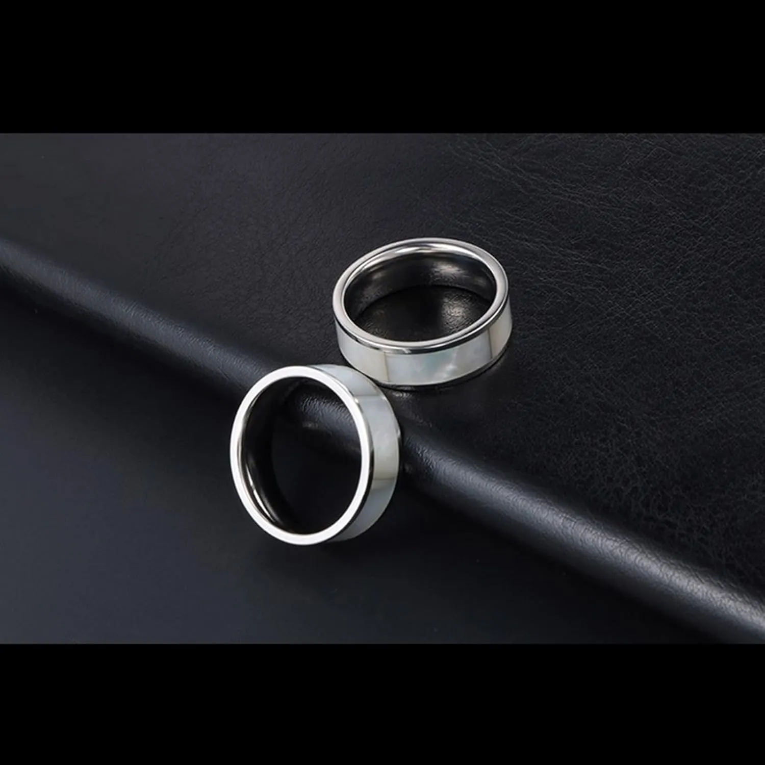 Men's Promise Rings, Mens Wedding Band Titanium 2PCS Stainless Steel Silver Ring Inlay Pearl Mother Sz Women 6 Men 7 for Couple Mother's Day Jewelry