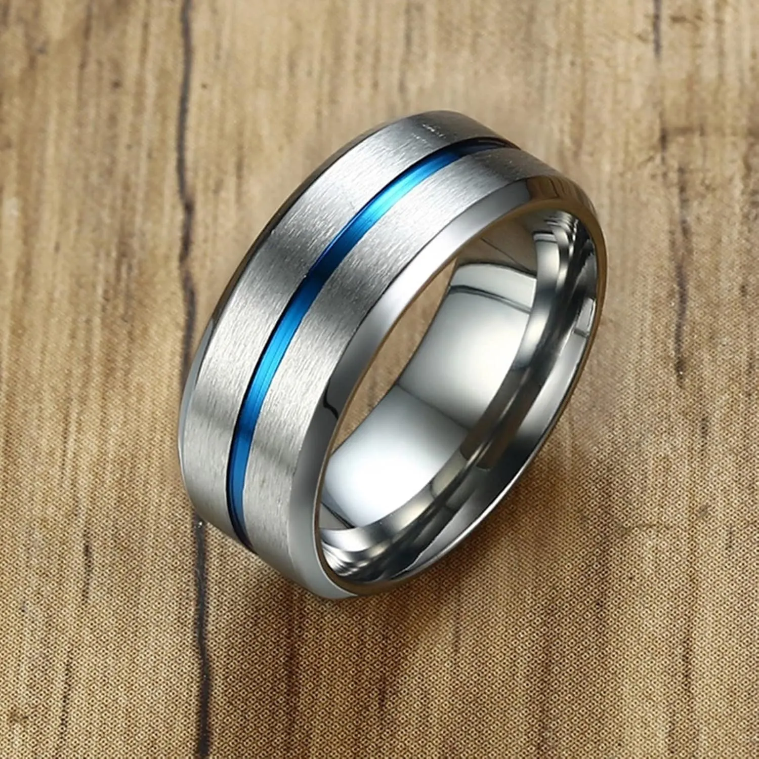 Men's Silver Ring, Men's Stainless Steel Rings 8mm Silver Brushed Ring Beveled Edge Valentine's Day Couple Rings