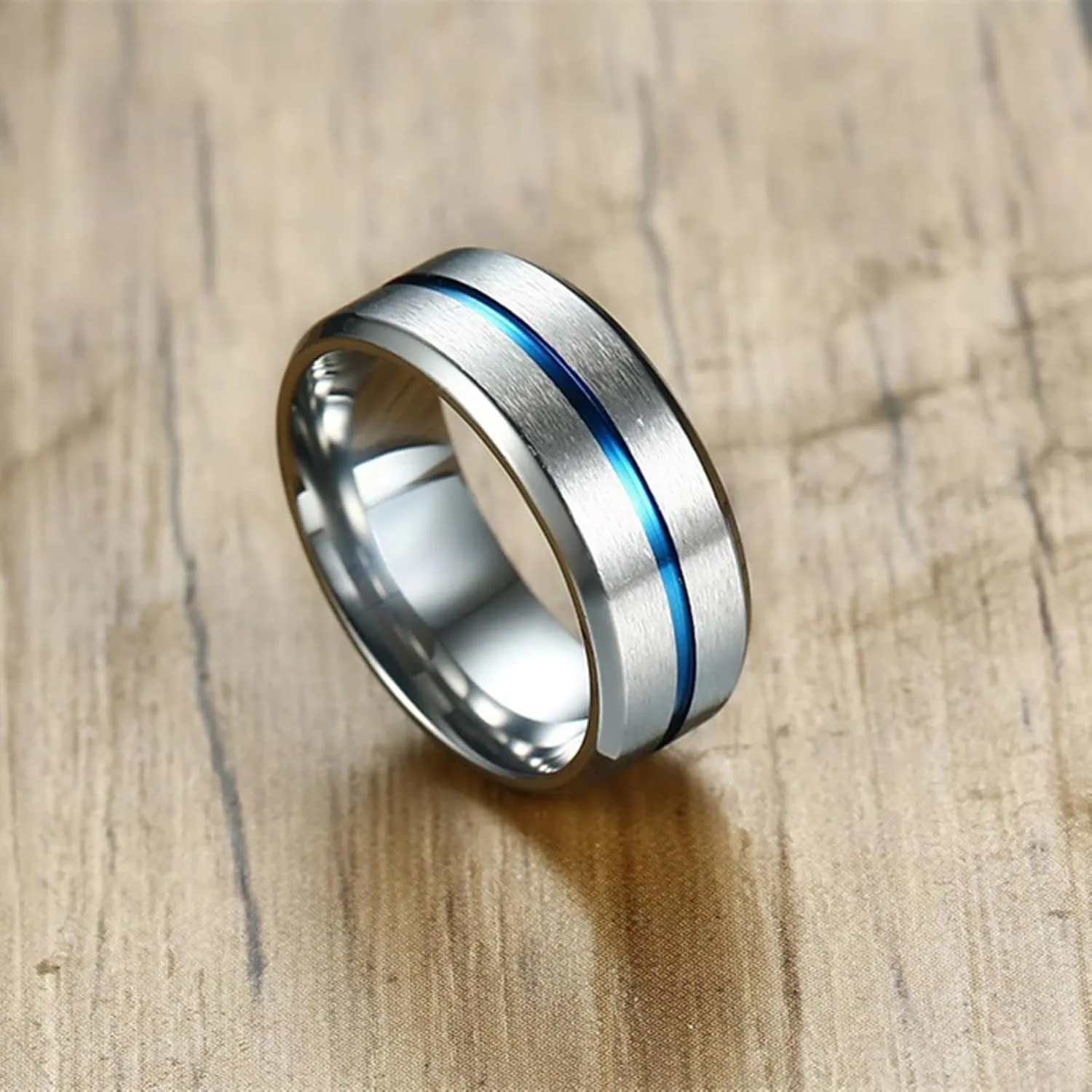 Men's Silver Ring, Men's Stainless Steel Rings 8mm Silver Brushed Ring Beveled Edge Valentine's Day Couple Rings