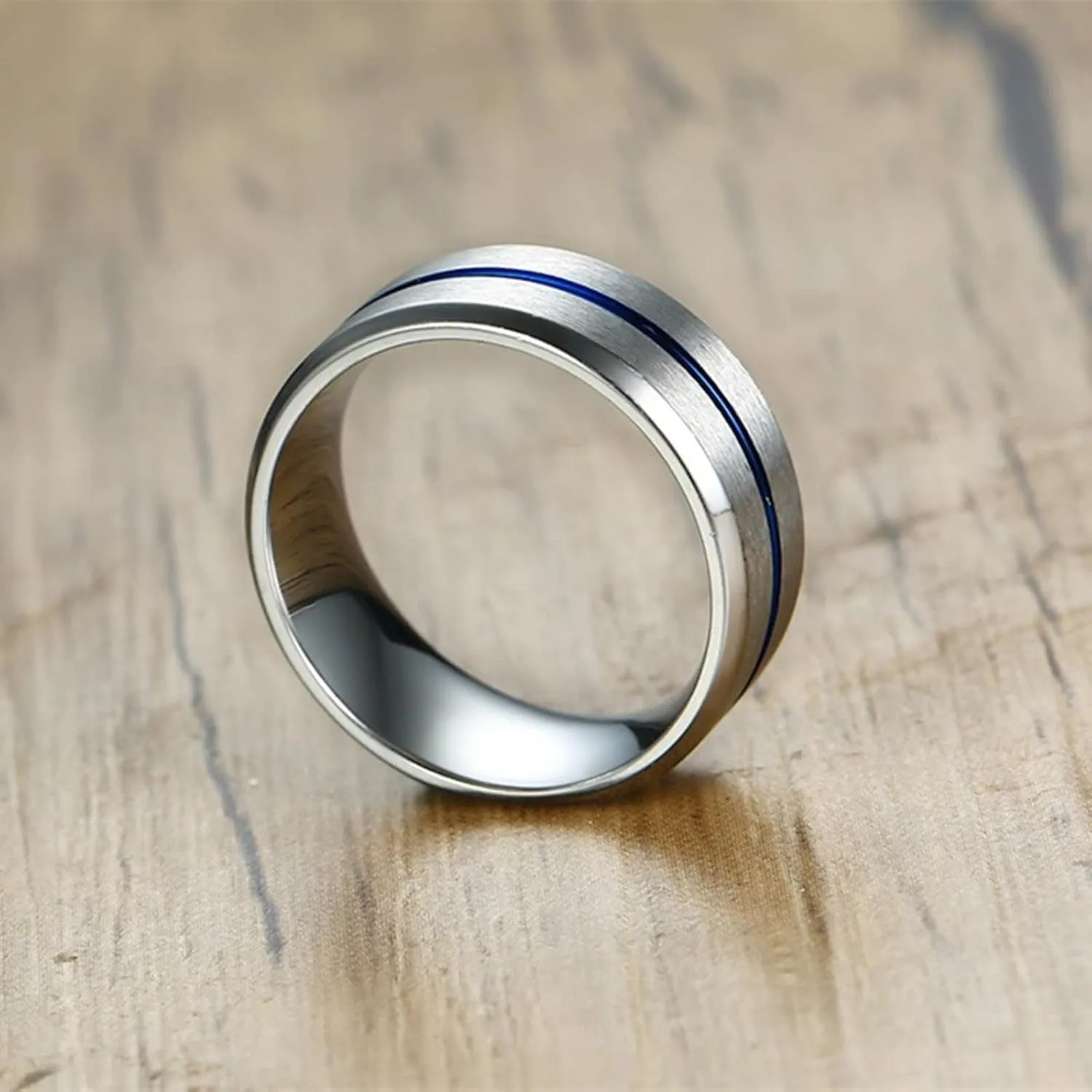 Men's Silver Ring, Men's Stainless Steel Rings 8mm Silver Brushed Ring Beveled Edge Valentine's Day Couple Rings