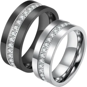 Mens Silver Ring, Stainless Steel Rings 8mm Silver Black Ring with Zirconia Men's and Women's Fashion Rings