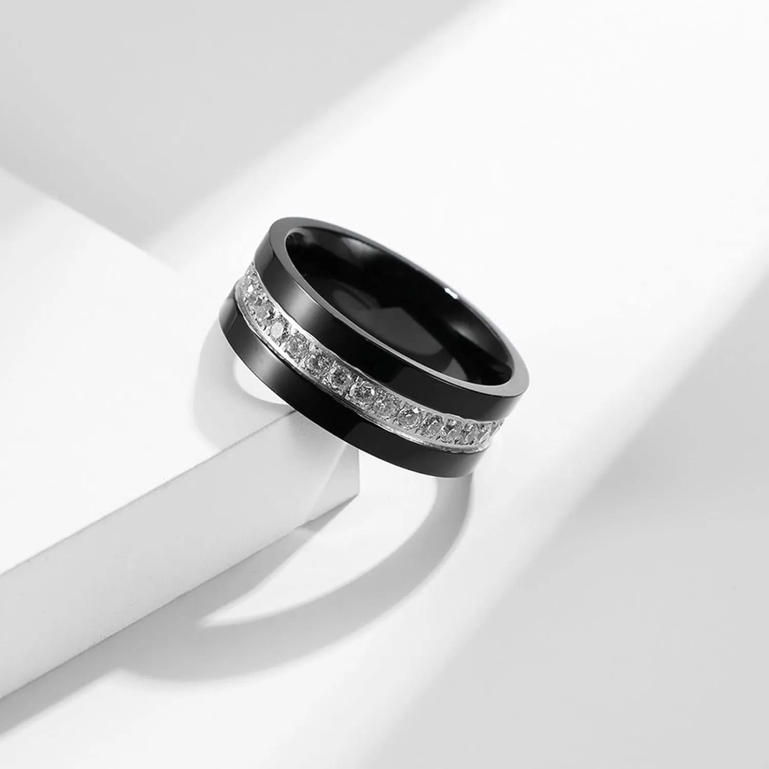Mens Silver Ring, Stainless Steel Rings 8mm Silver Black Ring with Zirconia Men's and Women's Fashion Rings