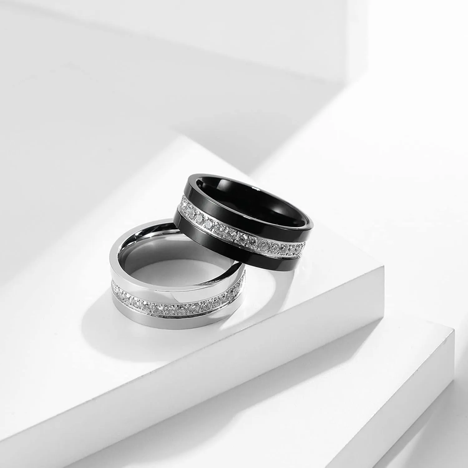 Mens Silver Ring, Stainless Steel Rings 8mm Silver Black Ring with Zirconia Men's and Women's Fashion Rings