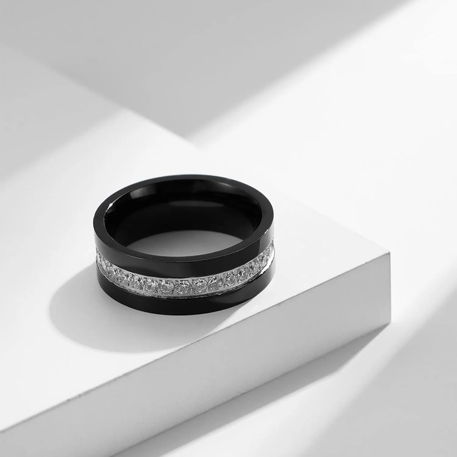 Mens Silver Ring, Stainless Steel Rings 8mm Silver Black Ring with Zirconia Men's and Women's Fashion Rings