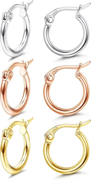 Milacolato 3Pairs 925 Sterling Silver Small Hoop Earrings Lightweight Clasp Round Hoop Cartilage Earrings Set for Women 8MM 10MM 12MM