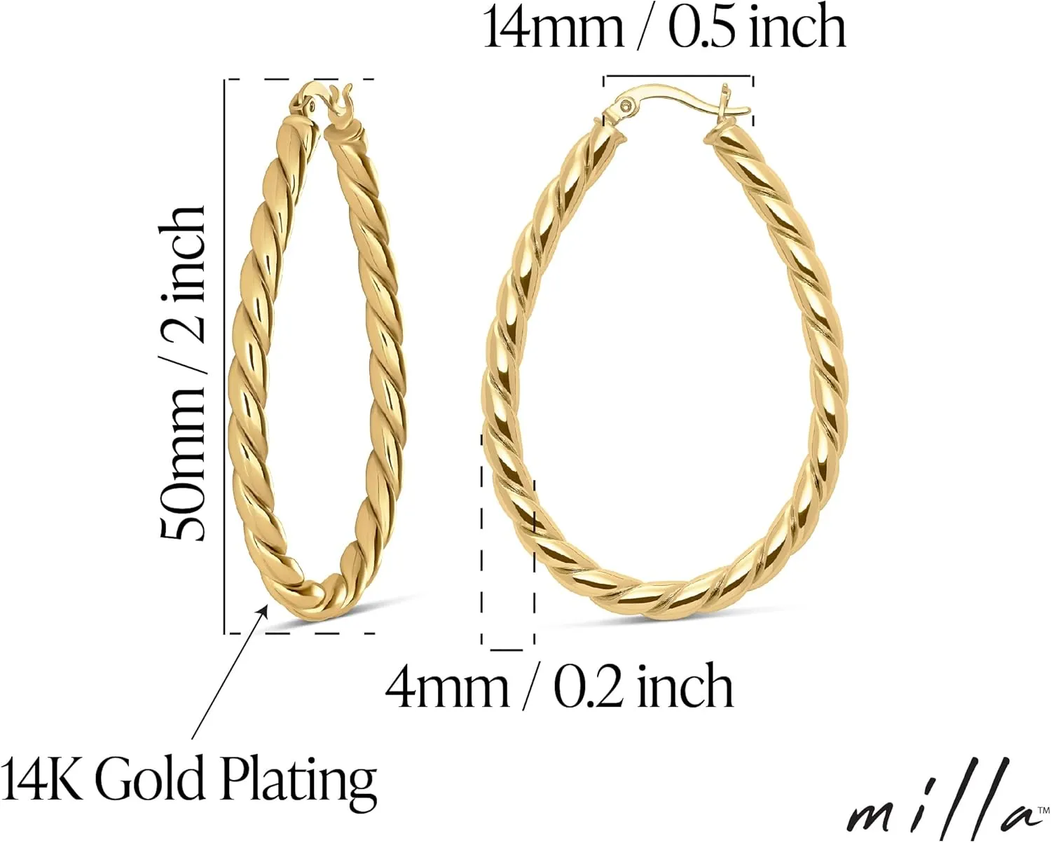 MILLA Twist Earrings - Gold Twisted Hoop Earrings & Thick Silver Hoop Earrings for Women - Big Chunky Gold Statement Earrings