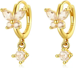Mini Huggie Hoop Earrings With Dangle Charm 925 Sterling Silver Gold Tiny Small Cz Cubic Zirconia Butterfly Flower Dangling Hoop Earrings