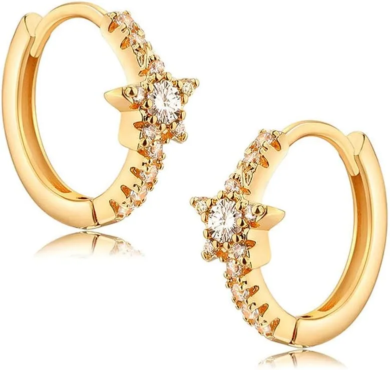 Moissanite Hoop Earrings for Women: 14K Real Gold Plated 925 Sterling Silver Star Gold Mini Tiny Cartilage Small Cuff Endless Hoops Huggie Earrings - 10mls Thickened 14 Karat Gold Filled