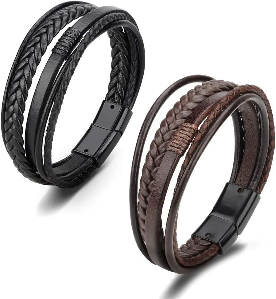 Multi-layer leather Rope Hand Braided Bracelet, Leather Bracelet with Stainless Steel Buckle Hand Braided Bracelet Suitable for Men and Women (Black Leather Black Buckle)