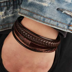 Multi-layer leather Rope Hand Braided Bracelet, Leather Bracelet with Stainless Steel Buckle Hand Braided Bracelet Suitable for Men and Women (Black Leather Silver Buckle)