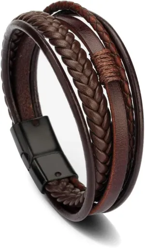 Multi-layer leather Rope Hand Braided Bracelet, Leather Bracelet with Stainless Steel Buckle Hand Braided Bracelet Suitable for Men and Women Brown