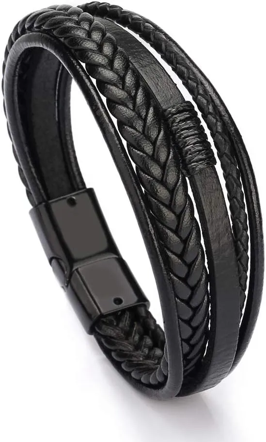 Multi-layer leather Rope Hand Braided Bracelet, Leather Bracelet with Stainless Steel Buckle Hand Braided Bracelet Suitable for Men and Women Brown