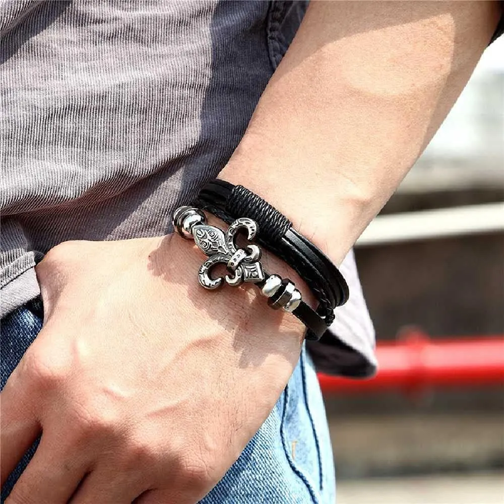 Multi-Layer Woven Leather Bracelet Men's Bracelet Jewelry 21cm/Black