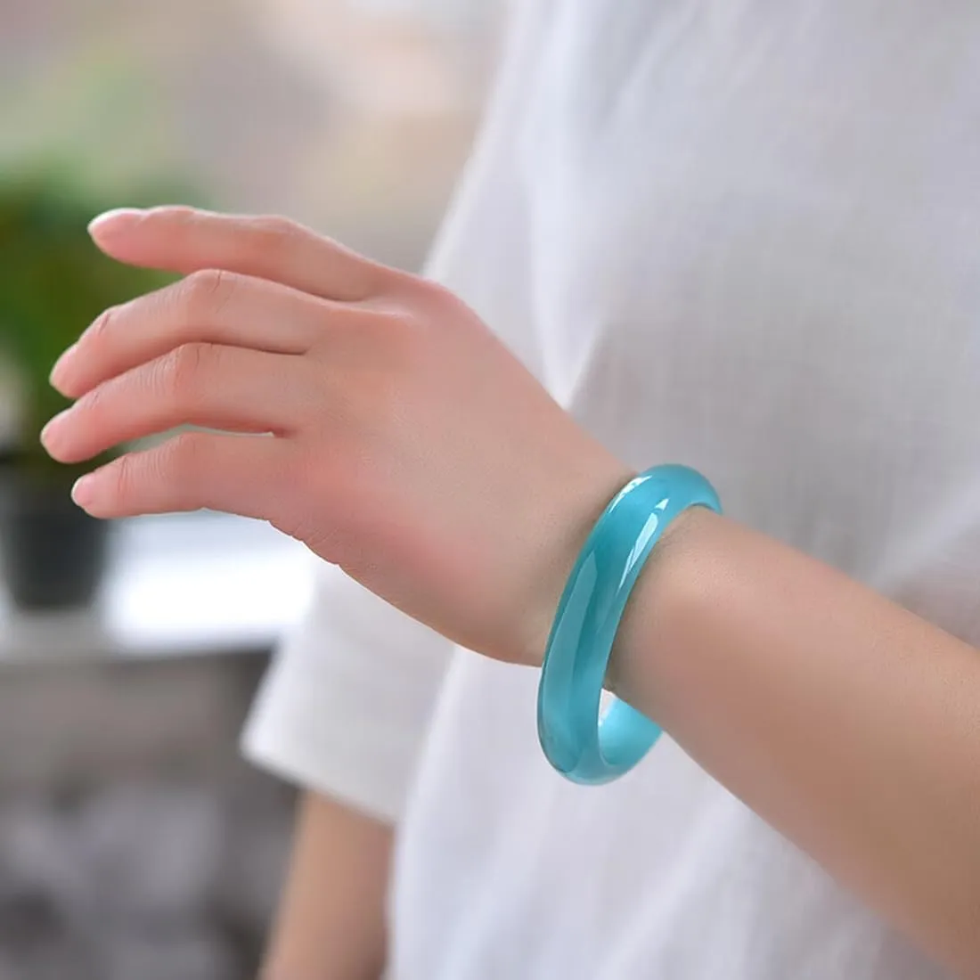 Natural Blue Cat Eyes Gemstone Bangle, Jade Bangle Bracelet for Women Chinese Style Good Luck Gifts