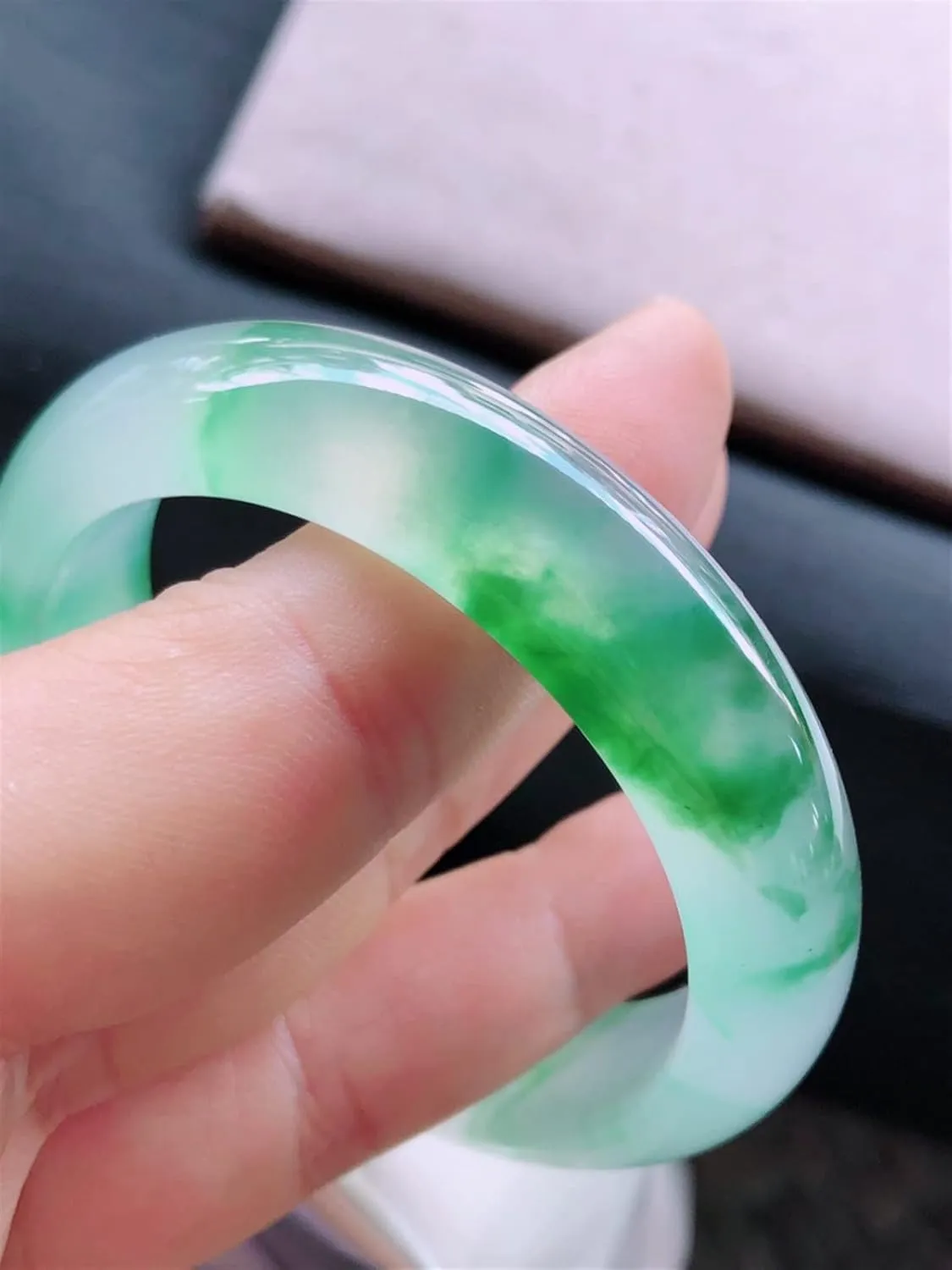 Natural Burmese Jade Bangle Bracelet for Women, Ice Floating Flower Green Jadeite Bangles Jewelry with Certificate (Size : 54mm-55mm)
