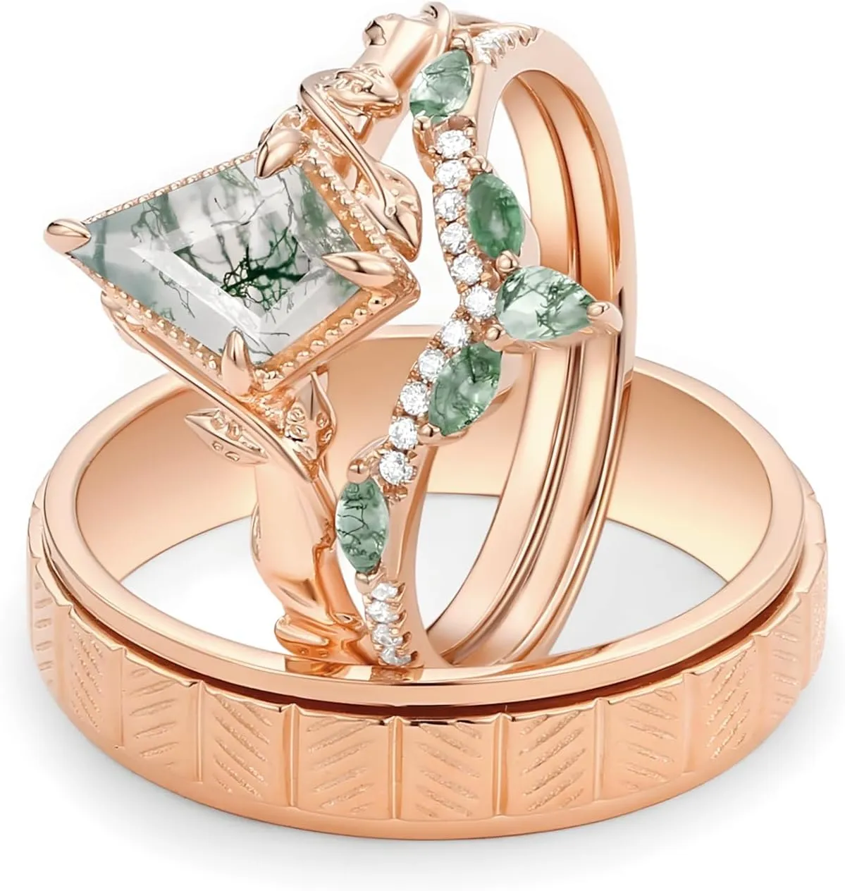 Natural Kite Cut Moss Agate Couple Wedding Rings Sets, S925 10K 14K 18K Gold Moissanite Engagement Rings Set for Man and Women, Customized His and Her 3pcs Green Promise Bands for Anniversary