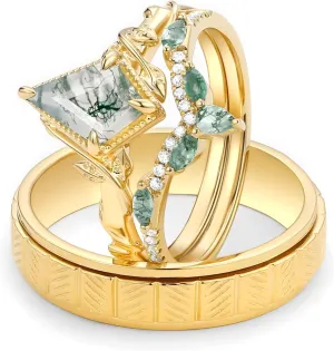 Natural Kite Cut Moss Agate Couple Wedding Rings Sets, S925 10K 14K 18K Gold Moissanite Engagement Rings Set for Man and Women, Customized His and Her 3pcs Green Promise Bands for Anniversary