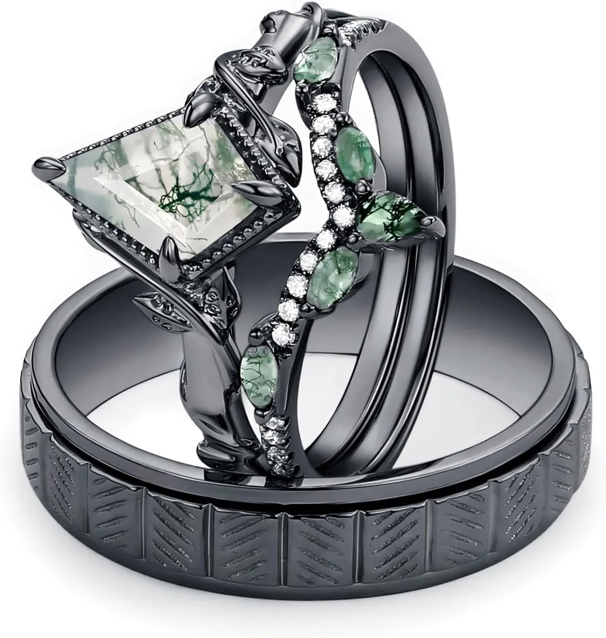 Natural Kite Cut Moss Agate Couple Wedding Rings Sets, S925 10K 14K 18K Gold Moissanite Engagement Rings Set for Man and Women, Customized His and Her 3pcs Green Promise Bands for Anniversary