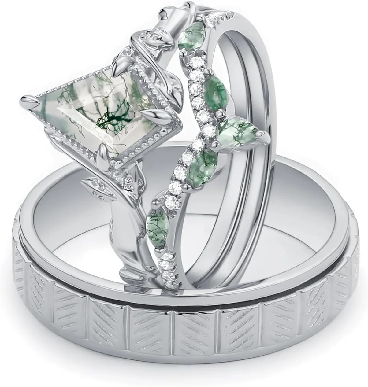 Natural Kite Cut Moss Agate Couple Wedding Rings Sets, S925 10K 14K 18K Gold Moissanite Engagement Rings Set for Man and Women, Customized His and Her 3pcs Green Promise Bands for Anniversary