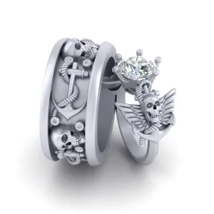 Nautical Anchor Wings Skull Gothic Diamond Engagement Ring Set For Couple Matching Skull Rings 925 Sterling Silver