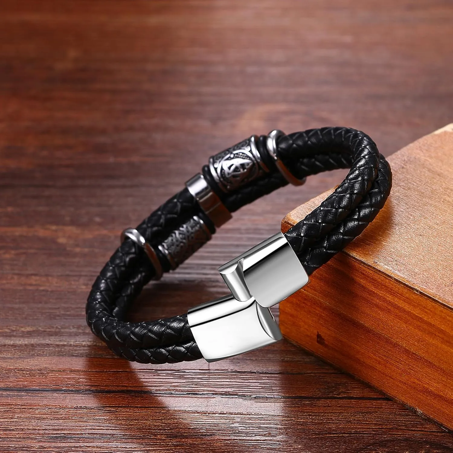 NMQLX Men's Leather Cuff Bracelet, Punk Braided Bracelet,Vintage Gothic Bracelet for Men