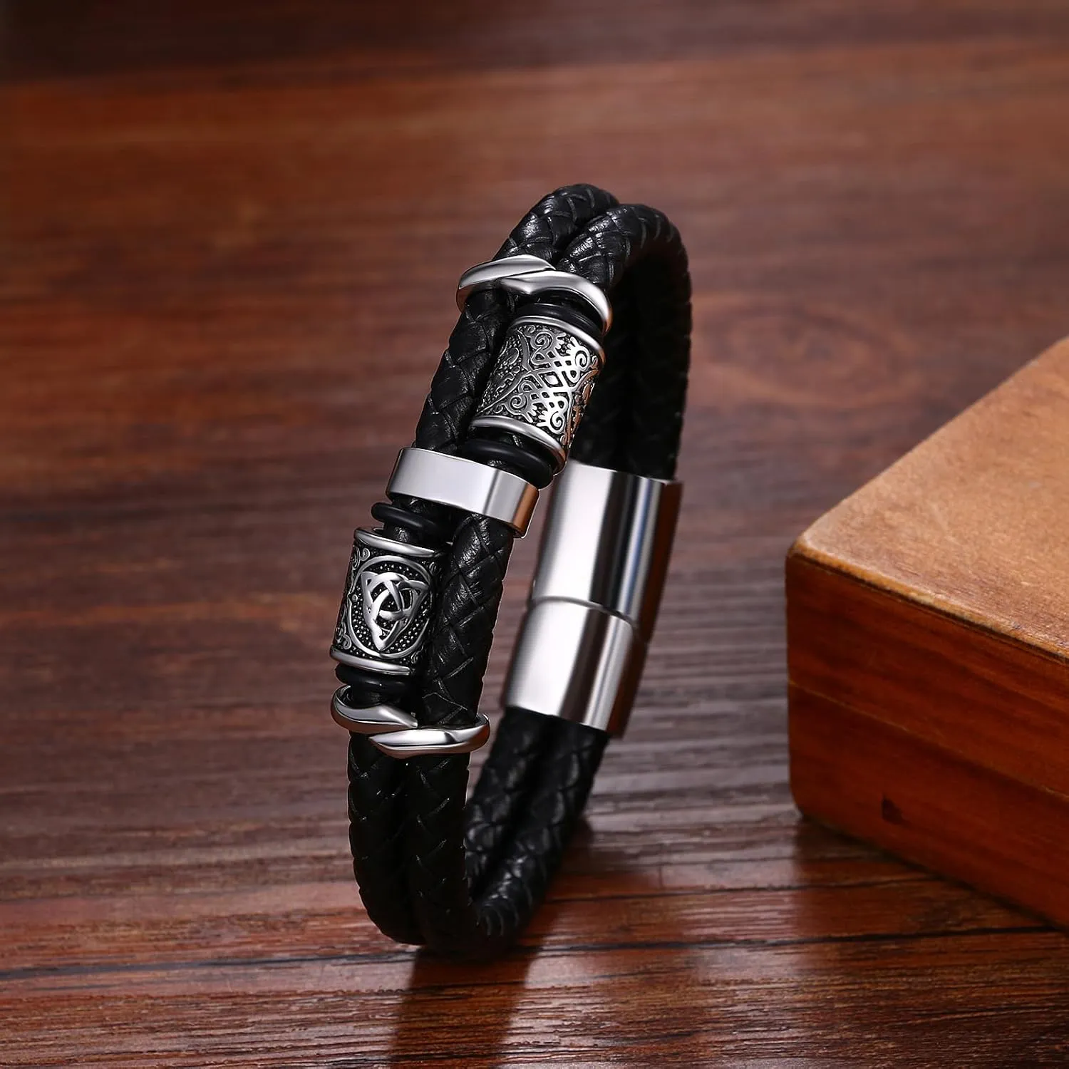 NMQLX Men's Leather Cuff Bracelet, Punk Braided Bracelet,Vintage Gothic Bracelet for Men