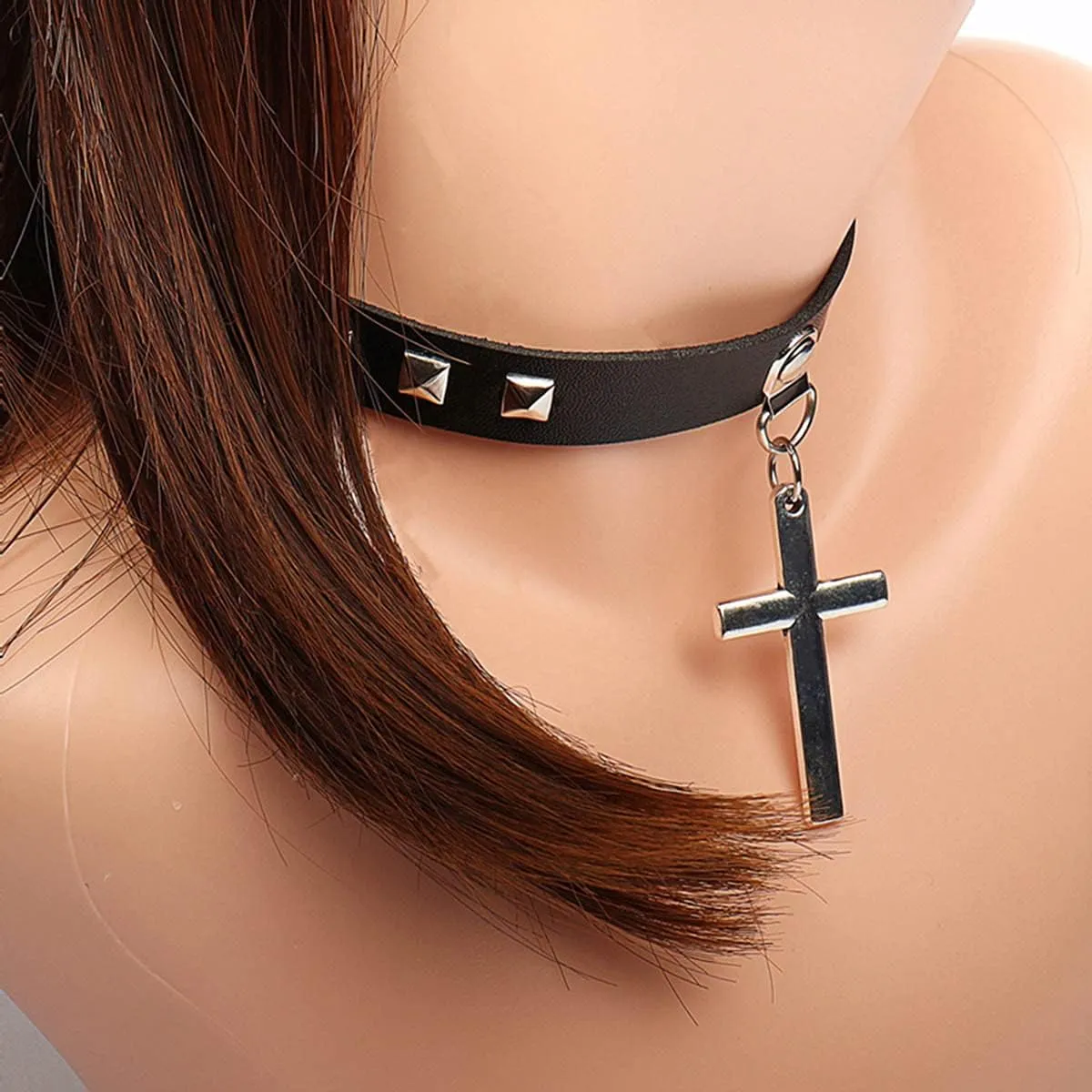 Olbye Black Leather Choker Necklace - Circle Short Necklace With Rivet Studded Spike, Adjustable Punk Design, Gothic Style for Women