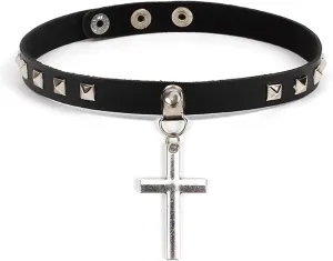 Olbye Black Leather Choker Necklace - Circle Short Necklace With Rivet Studded Spike, Adjustable Punk Design, Gothic Style for Women