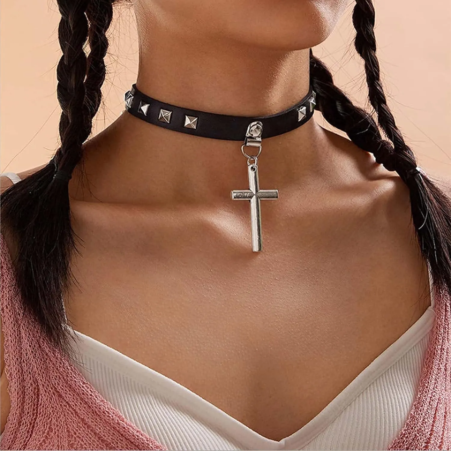 Olbye Black Leather Choker Necklace - Circle Short Necklace With Rivet Studded Spike, Adjustable Punk Design, Gothic Style for Women