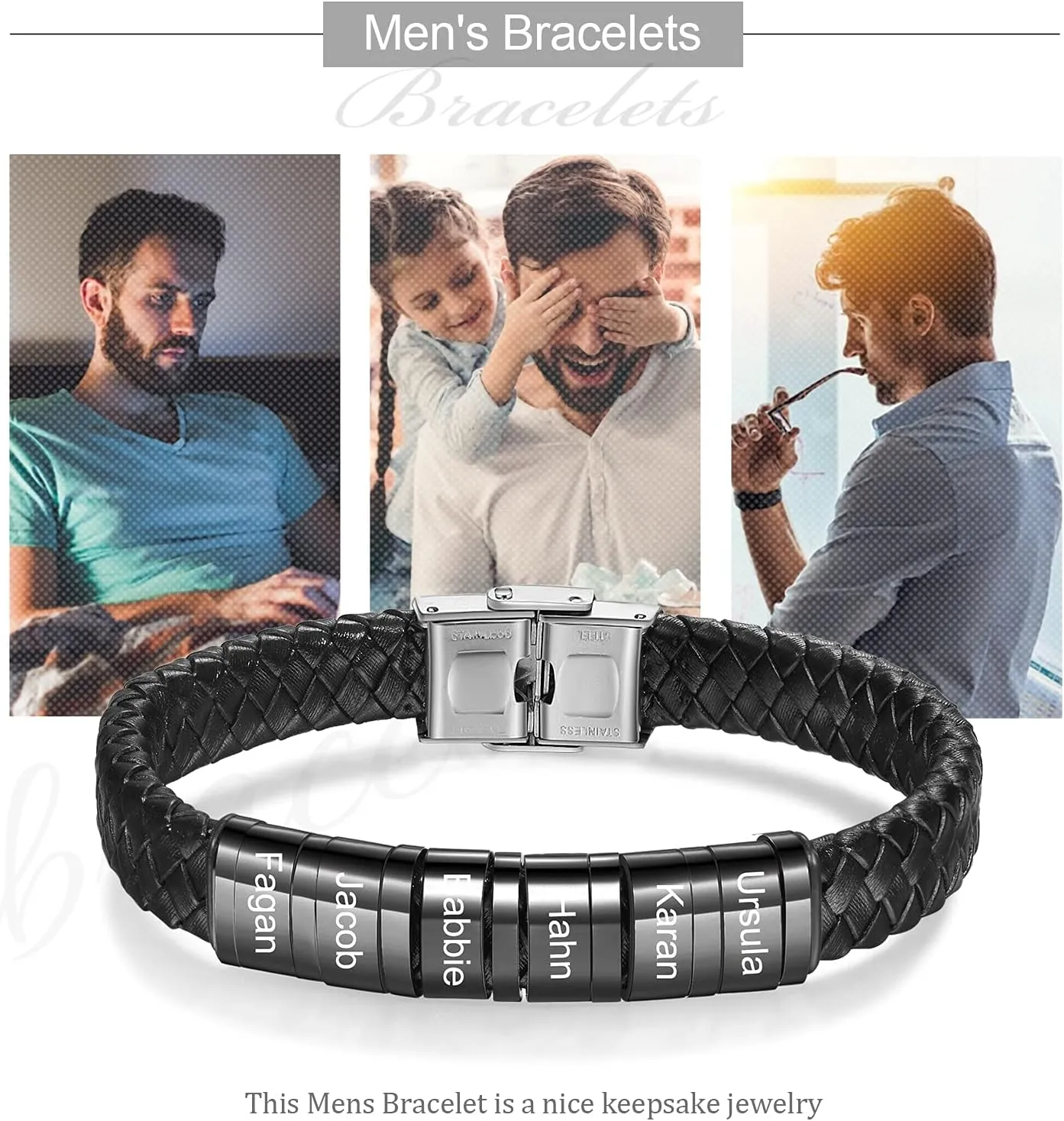 OPALSTOCK Fathers Gifts for Dad Personalized Gifts Men Braid Leather bracelet with Names Engraved Beads Bracelet Custom Name Charm Braid Bracelet Father's Gift for Mens Gifts for Christmas