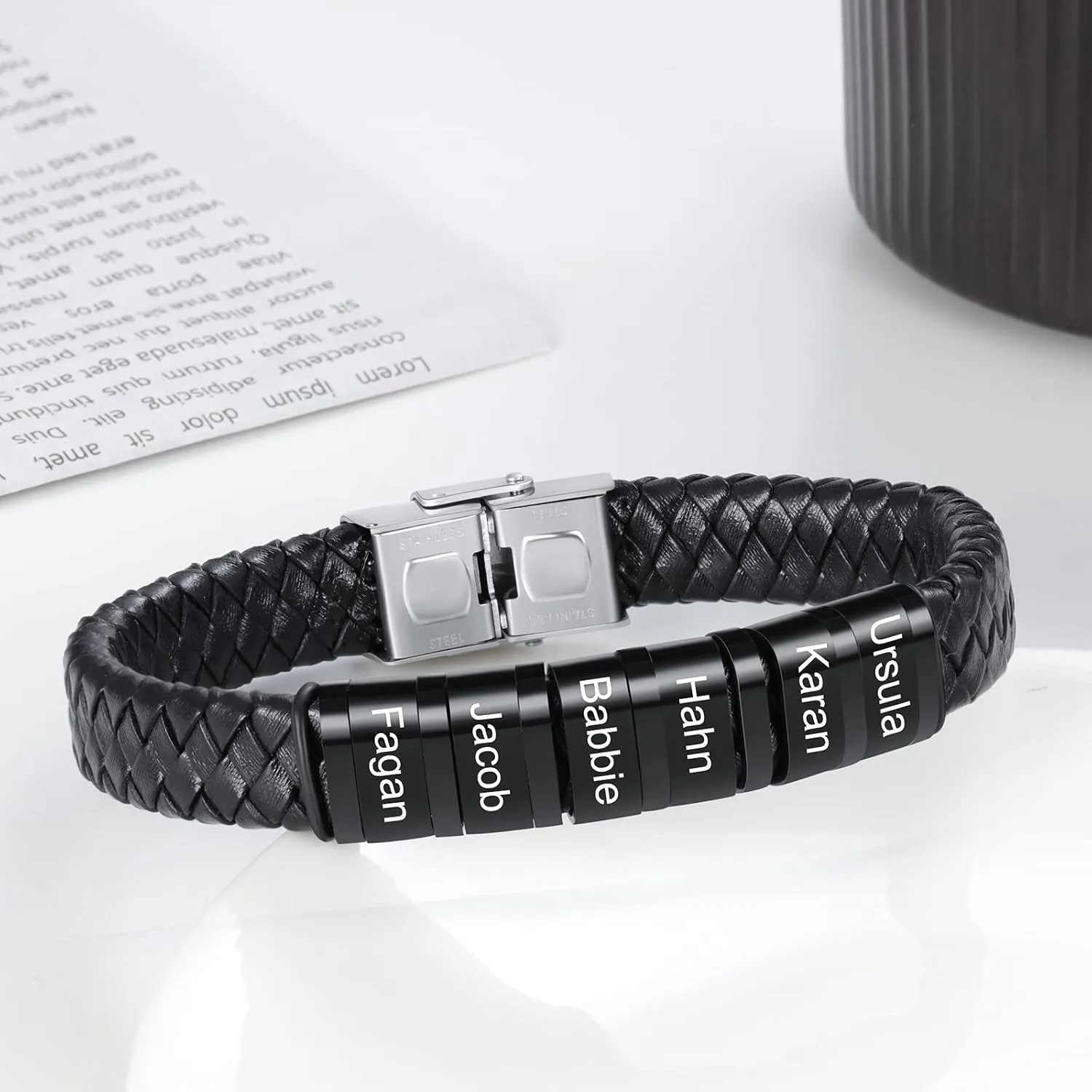 OPALSTOCK Fathers Gifts for Dad Personalized Gifts Men Braid Leather bracelet with Names Engraved Beads Bracelet Custom Name Charm Braid Bracelet Father's Gift for Mens Gifts for Christmas