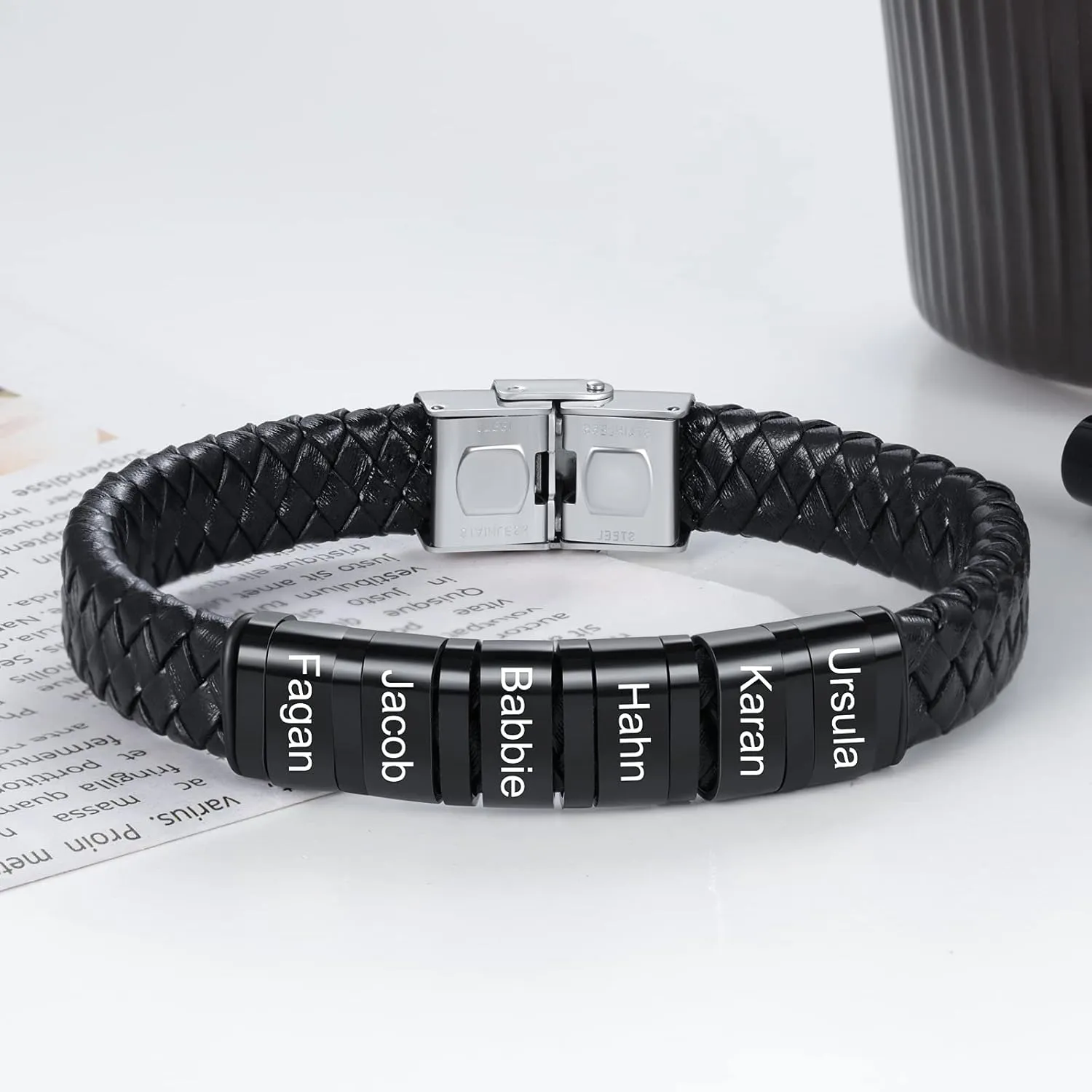 OPALSTOCK Fathers Gifts for Dad Personalized Gifts Men Braid Leather bracelet with Names Engraved Beads Bracelet Custom Name Charm Braid Bracelet Father's Gift for Mens Gifts for Christmas