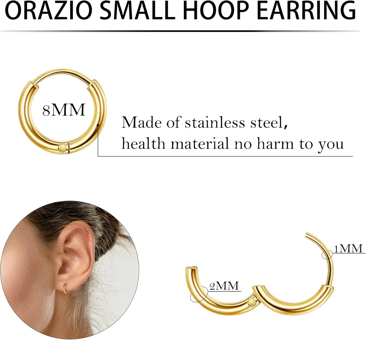 ORAIZO Small Stainless Steel Hoop Earrings for Women 12Pairs Huggie Cartilage Hoop Earrings for Men Helix Daith Tragus Ear Piercings Jewelry for Multiple Piercing Silver Gold Sleeper Earrings 8mm/10mm Earrings Set