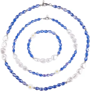 Ornaland 3 Pcs Natural Shell Pearl Stretch Bracelet Necklaces Set Multi-colored Plastic Pearl Flower Glass Beaded Necklaces Bracelet Jewelry Gift for Women