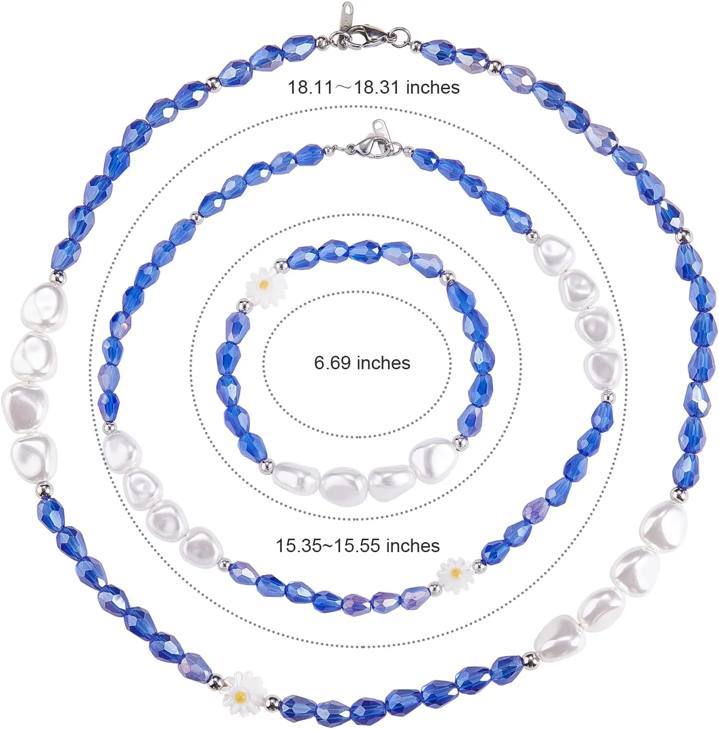 Ornaland 3 Pcs Natural Shell Pearl Stretch Bracelet Necklaces Set Multi-colored Plastic Pearl Flower Glass Beaded Necklaces Bracelet Jewelry Gift for Women