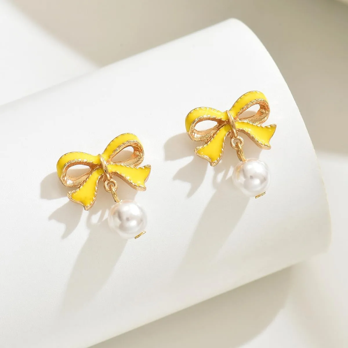 Pearl Bow Earrings for Women Christmas Bow Earrings Red Bow Dangle Earrings Coquette Earrings Bow Jewelry Rhinestone Gold Bow Earrings Silver Yellow Pink Bow Earrings Bow Stuff Christmas Jewelry for Women